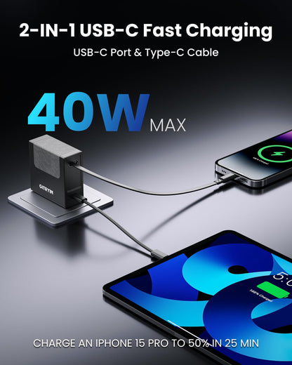Gitryin 1 Micro USB, 1 Lightning, 4 Type-C Retractable Wall Chargers and 1 Power Strip, Desktop Modular Charging Station