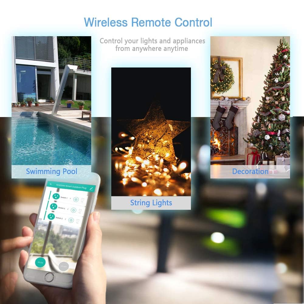 Outdoor Smart Plug Waterproof, TESSAN WiFi Smart Outlet Switch with 3 Individual Sockets Compatible with Alexa Google Home, Remote Control and Timer Function, 2.4GHz Wi-Fi Only