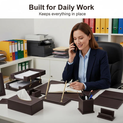 RitPin Desk Set, 11-Piece All-in-One – Executive Desk Accessories & Office Supplies, Leather Desk Organizer with Desk Pad & Blotter, 2-Tier Letter Tray, Luxury Office Desk Decor & Boss Gifts (Brown)