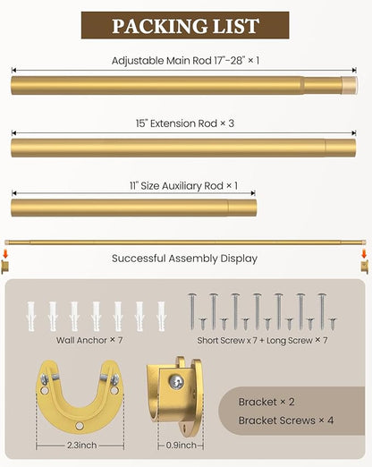 Heavy Duty Closet Rod, 17-84 IN Closet Rods for Hanging Clothes, Gold | Stepless Adjustable, Supports up to 66 lbs, Multiple Size Options, Easy Installation, Multi Purpose , Wall-Mounted