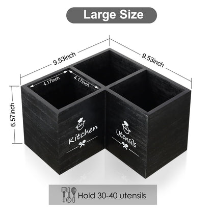 Wooden Kitchen Utensils Holder with 3 Compartments, Large Wooden Large Utensil Caddy Organizer for Counter, Utensil Organizer for Kitchen Countertop, Cooking Utensil Crock for Silverware Spoon Spatula