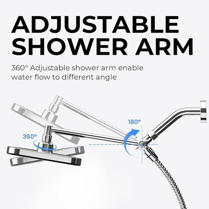 Wide Rain Shower Head With 5 Modes Handheld Showerheads, High Pressure Showerhead Combo with Extension Arm for Bathroom Accessories, Adjustable Shower Head with Anti-Clog Nozzles (Chrome)