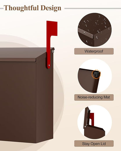 Wall-Mount Mailbox for Outside, Large Capacity Rust-Proof Mail Box with Stay-Open Lid & Red Flag Kit, Galvanized Steel Weather-Resistant Post Box for House Outside, 10.5"x4.3"x14.2", Brown
