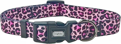 Dog Collar Leash Set, Leopard Pattern, Polyester Material, Adjustable Collar and 5ft Matching Leash, for Large Dogs.(L, Colorful Leopard)