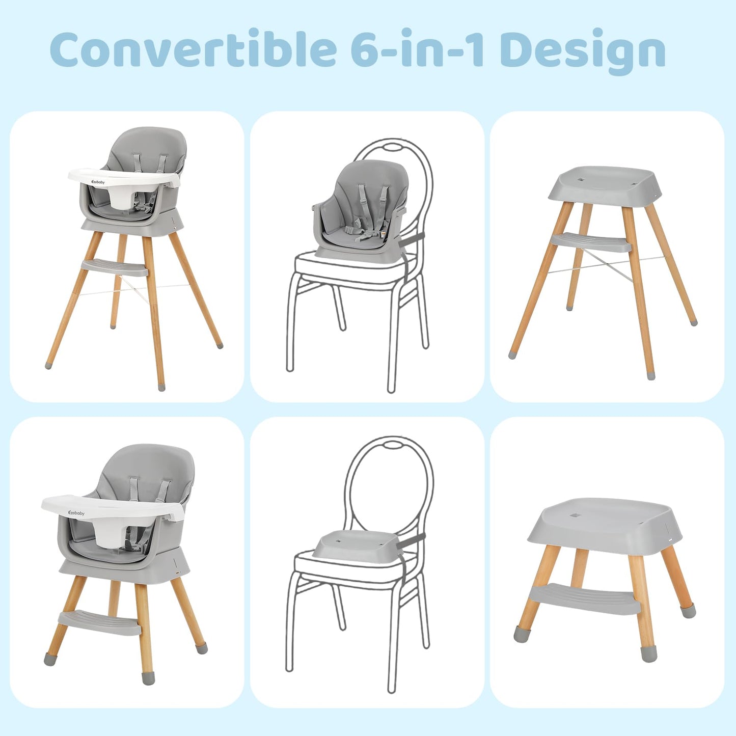 Ezebaby 6 in 1 Wooden High Chairs for Babies and Toddlers, Convertible Portable High Chair, Booster Seat for Dining Table,Toddlers Chair with Adjustable Legs & Dishwasher Safe Tray
