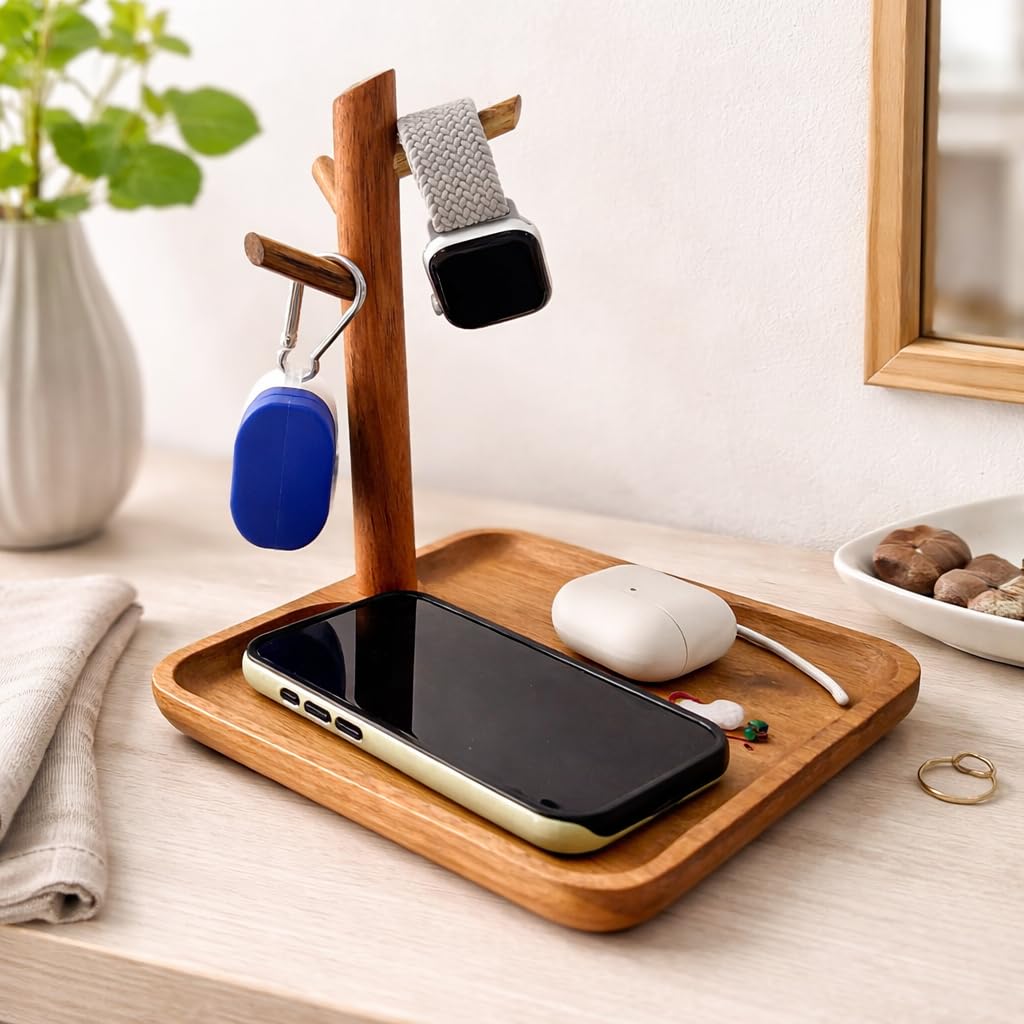 E-ROOM TREND Acacia Wood Key Tray for Entryway Table, Wooden Catchall Organizer with Jewelry Storage Rack, Valet Tray for Keys Wallet Watches Sunglasses Rings(Square)