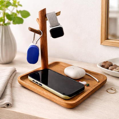 E-ROOM TREND Acacia Wood Key Tray for Entryway Table, Wooden Catchall Organizer with Jewelry Storage Rack, Valet Tray for Keys Wallet Watches Sunglasses Rings(Square)