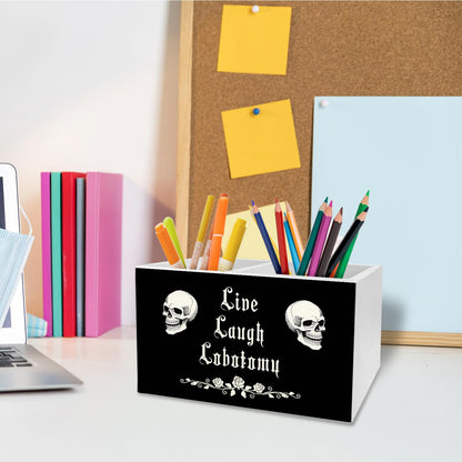 METNBASYY Dark Academia Gothic Skeleton Pen Holder for Desk, Funny Goth Skull Pencil Organizer, Live Laugh Lobotomy Dark Humor Wooden Box Sign Desk Decor for Home Office Decoration