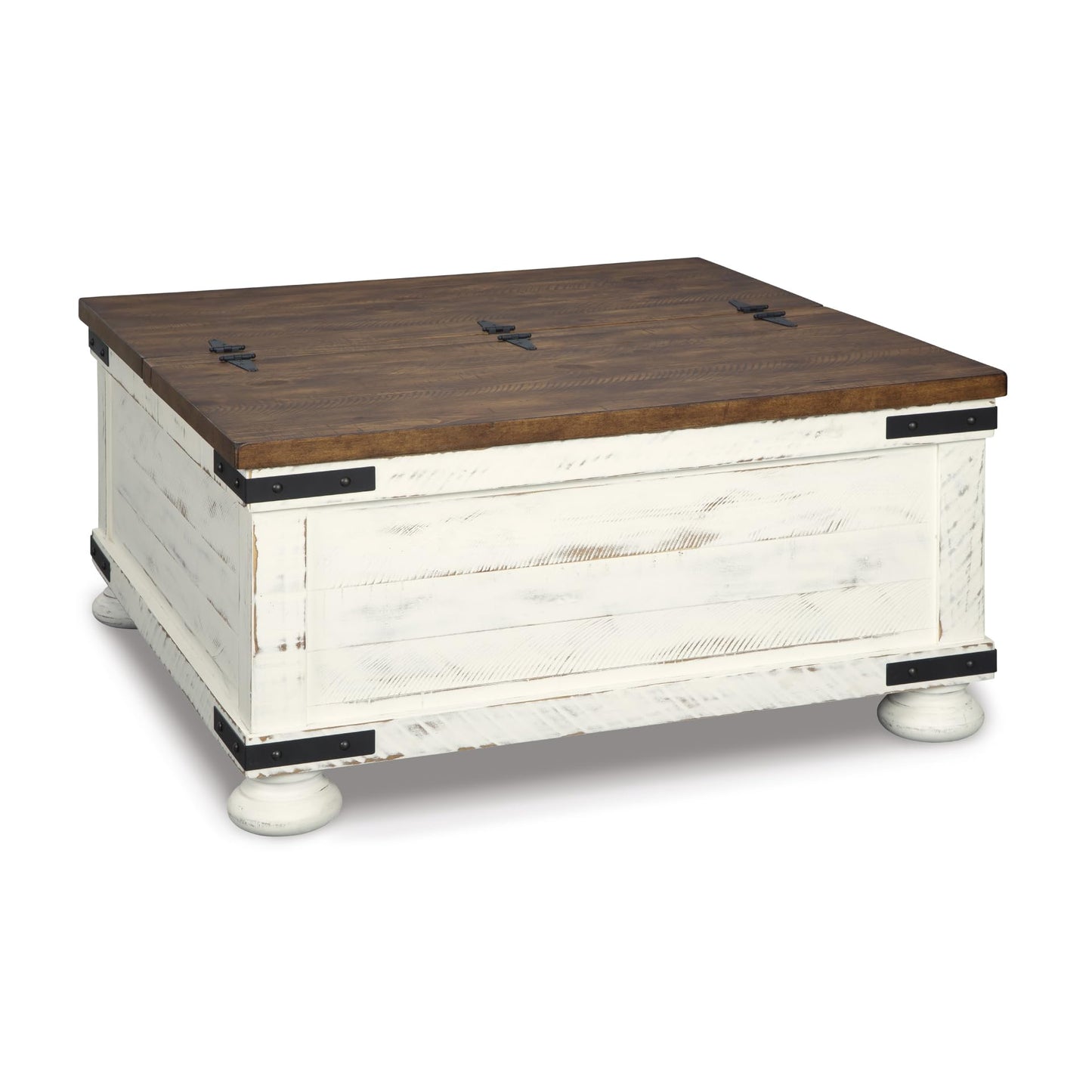 Signature Design by Ashley Wystfield Farmhouse Coffee Table with Storage, Hinged Lift Top, Wood, 36" W x 36" D x 18" H, Distressed White
