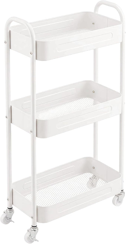 3 Tier Narrow Rolling Storage Cart for Laundry Room Bathroom Kitchen, 7.1'' Slim Utility Cart with Wheels and Lockable Casters Standing Shelf for Small Space & Between Washer and Dryer, White