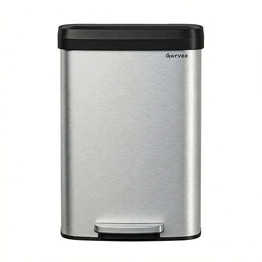 Garvee 13 gal / 50 L Stainless Steel Trash Can with Lid, Large Garbage Can for Kitchen, Rustproof Step-on Kitchen Metal Trash Bin with Liner Rim, Rear Handle, Soft Close Plastic Lid, Silver
