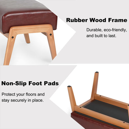 ACONUP Foot Stool, Leatherette Wooden Step Stool, Modern Rectangle Ottoman Wide Vanity Stool with Cushion for Couch Living Room Bedroom Entryway, Brown