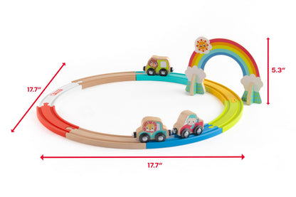 Jasey's Toy Chest Animal Friends Wooden Train Set | 12-Piece Set with Animal Cars, Rainbow Arch and Interlocking Track Pieces | Compatible with Other Wooden Train Sets | for Toddlers Ages 12+ Months