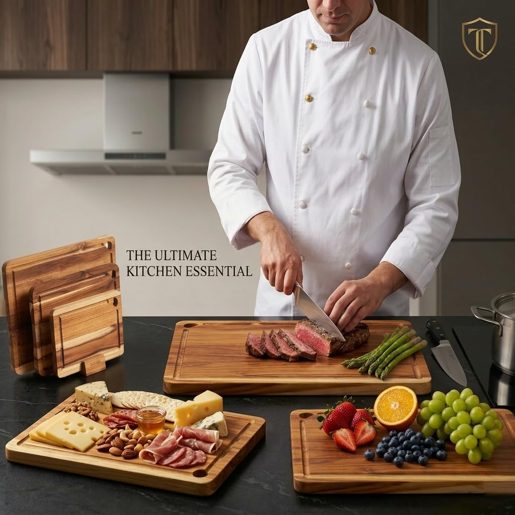 Zoutley 3-Piece Teak Wood Cutting Board for Kitchen, Knife-Friendly Chopping Boards with Juice Grooves & Storage Stand, Heavy Duty Wooden Boards for Meat, Fruit & Cheese, Ideal Housewarming Gift