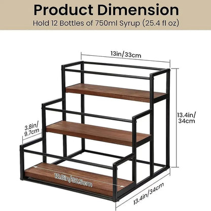 DHUJBFF 3-Tier Wooden Countertop Organizer - Wine Rack & Spice Shelf for Kitchen, Holds 9 Bottles, Space Saver for Coffee Bar, Syrup, Oil, Dining Room Decor
