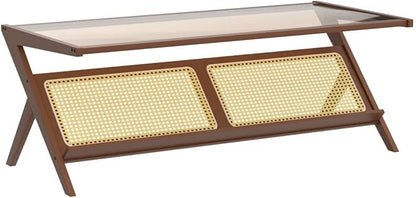 Bamworld Rattan Coffee Table with Glass Top Mid-Century Modern Center Table with Storage for Living Room Table Brown
