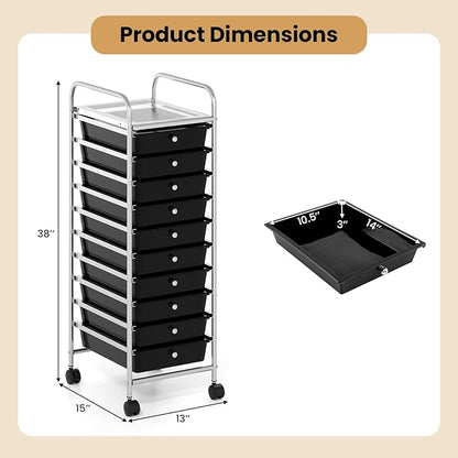 Giantex Rolling Storage Cart with 10 Drawers, Utility Cart with Tabletop, Drawer Organizer with Wheels for Craft Art Paper Tool, Mobile Organization & Sorting for Office Home School School Supplies
