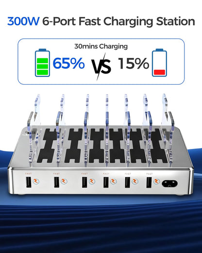 300W Charging Station for Multiple Devices, Fast Charging 6 Port Charging Station - Compatible with iPhone iPad Android Tablets, Home Office Travel Organizer