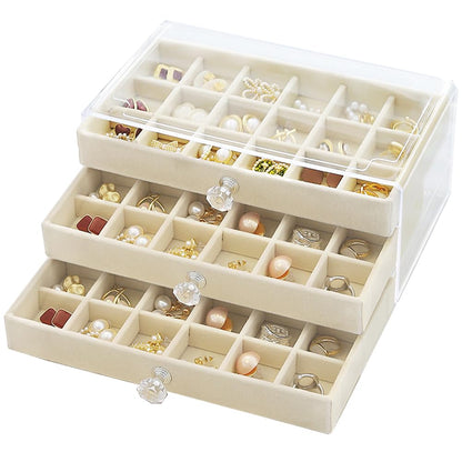 SPAKOWN Earring Box Holder Organizer Display Case, Clear Velvet Jewelry Storage Tray Organizer for Earring Ring Stud (Beige - 3 Drawers)