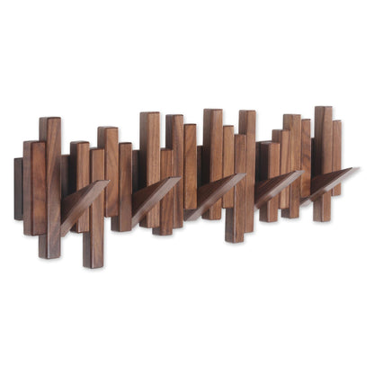 Acsigesn Wooden Coat Rack Wall Mounted Sticks Multi Rack Solid Handmade Natural Walnut Wood Artwork with 5 Flip-Down Unique Modern Hooks for Coats Bag Hat Umbrella