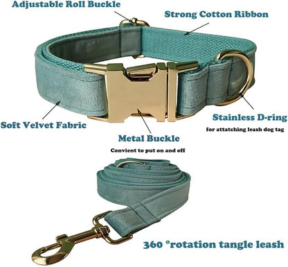 Love Dream Velvet Dog Collar and Leash Set, Soft & Comfy Adjustable Dog Leash and Collar with Heavy Duty Metal Buckle for Small Medium Large Dogs Training & Walking (Medium, Light Green)