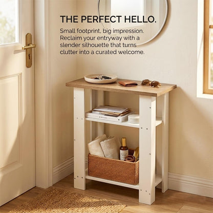 ZEXVIDA White Side Table with Oak Top, 3 Tier Modern Farmhouse End Table, Narrow White Nightstand for Bedroom, Nursery, Living Room, Coastal Small Bedside Table with Storage Shelves, 22.8" H