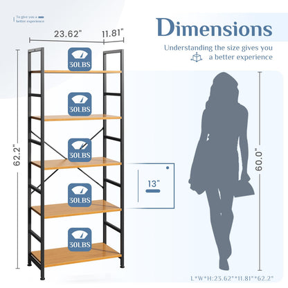 DUMOS 5 Tiers Bookshelf, Classical Book Shelf, Tall Display Shelves in Living Room/Home/Office, Storage Organizer for CDs/Books/Movies, Wood