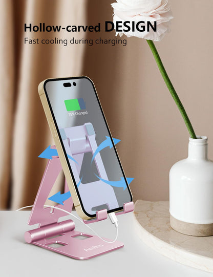 Aoviho Foldable Cell Phone Stand for Desk, Adjustable Phone Holder for Office, Video Calls and Streaming, Portable Desktop Phone Dock Compatible with iPhone 17 16 15 14, Samsung Galaxy, Pink