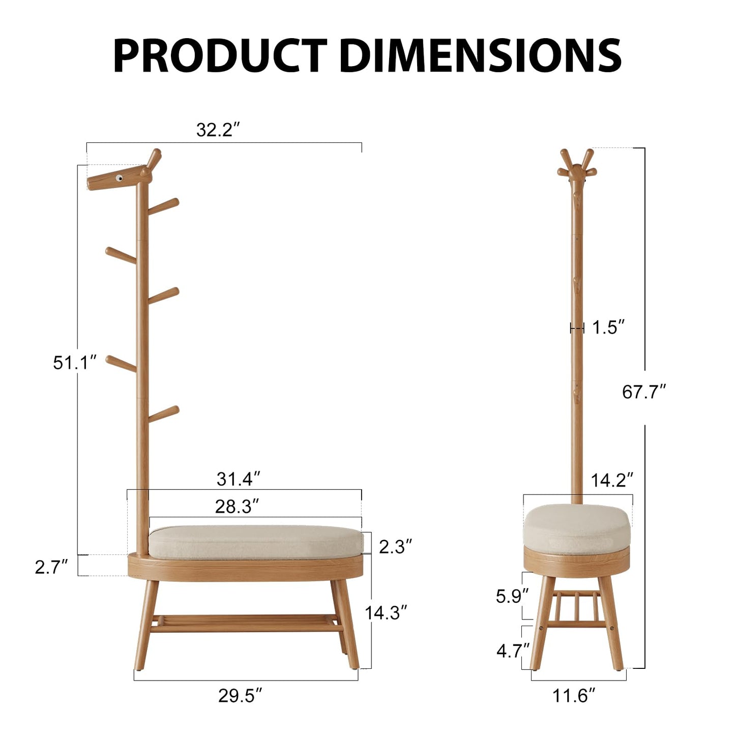 AQIMUELE Entryway Shoe Rack with Coat Rack, Wooden Shoe Bench with Upholstered Cushion, 3-in-1, 2-Tier Shoe Storage and Cute Animal Hooks for Entryway, Hallway, Closet (Natural 32.2")