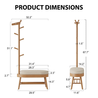 AQIMUELE Entryway Shoe Rack with Coat Rack, Wooden Shoe Bench with Upholstered Cushion, 3-in-1, 2-Tier Shoe Storage and Cute Animal Hooks for Entryway, Hallway, Closet (Natural 32.2")