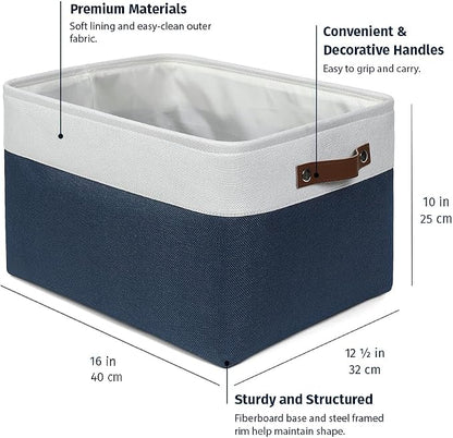 OrganiHaus 16x12.5in Canvas Storage Baskets 3 Pack | EXTRA LARGE Fabric Bins for Shelves | Linen Closet Organizer | Navy Blue/Off-White