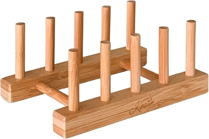 Pot Lid Organizer, Dish Drying Rack Dishware Holder 100% Natural Bamboo Drainer Stand - Wooden Finish- Holds Plates Bowls Mugs Cups Cutting Board (Natural Bamboo- Plate Holder (Set of2))