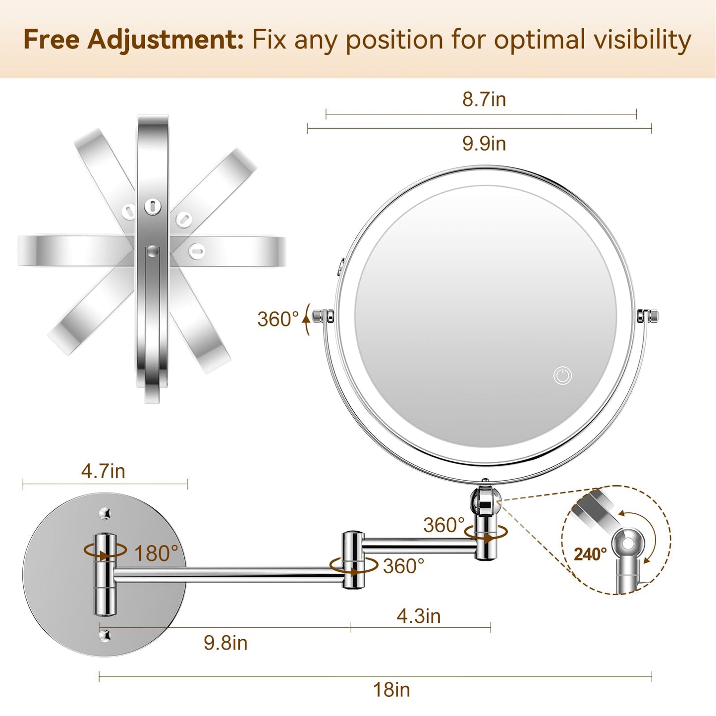 9" Wall Mounted Lighted Makeup Mirror,4000mAh Rechargeable Double Sided 1X/10X Magnifying Mirror with Light,Touch Dimmable,Extended Arm 360 Rotation Wall Mounted Makeup Mirror 3 Color Lights-Black