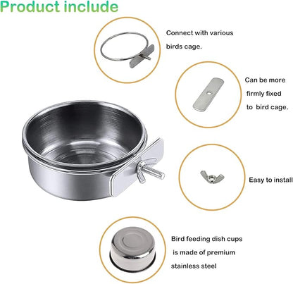 kathson Stainless Steel Bowls for Birds,4 Pcs Parrot Feeder Dish Cups,Bird Cage Water Food Bowl Coop Cup with Clamp Holder for Parrots Cockatiel Budgies Parakeet Lovebird(M)