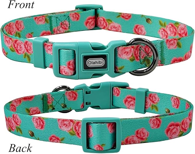Dog Collar Leash Set, Floral Pattern, Polyester Material, Adjustable Collar and 5ft Matching Leash, for Large Dogs.(L, Green Rose)