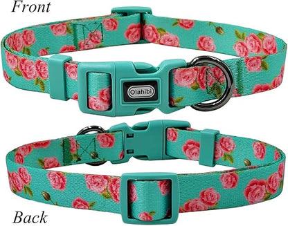 Dog Collar Leash Set, Floral Pattern, Polyester Material, Adjustable Collar and 5ft Matching Leash, for Large Dogs.(L, Green Rose)