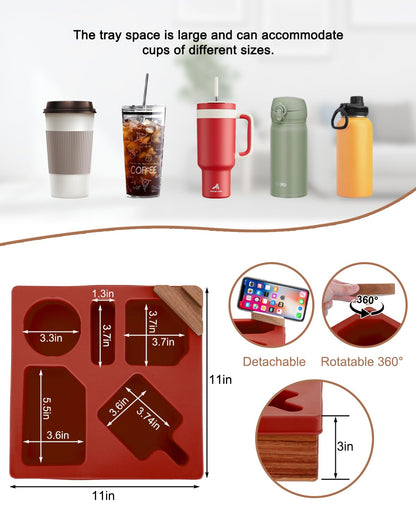 Couch Cup Holder Tray, Silicone Wooden Couch Caddy with Cup Holder for Snacks, Drinks, Remotes, Waterproof Cup Holder for Couch, Organizer, Couch Drink Holder, (red)