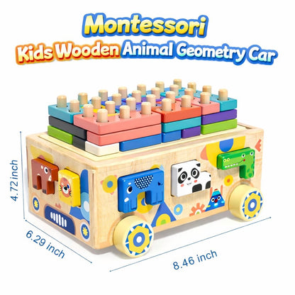 Wooden Montessori Toddler Toy Car Animal Shape Sorting & Peg Stacking Blocks Educational Learning Toy for Toddlers Ages 2-4 Fine Motor Skills Preschool Toy Wooden Shape Sorter Gift for Boys Girls