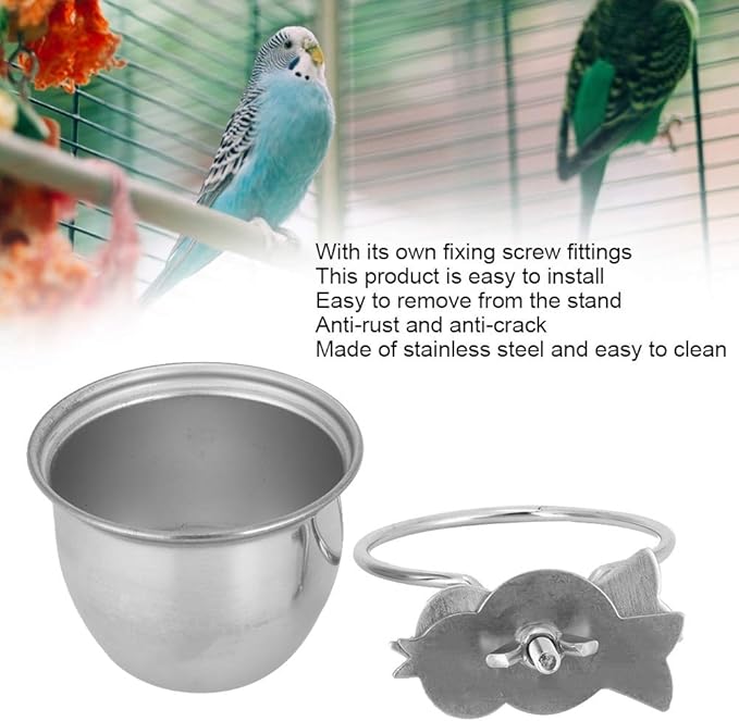 SYH&AQYE Stainless Steel Bird Food Water Coop Cup, Bird Feeding Dish Feeder with Clamp Holder Bird Cage Feeder Set for Macaw African Greys Budgies(7.5cm)