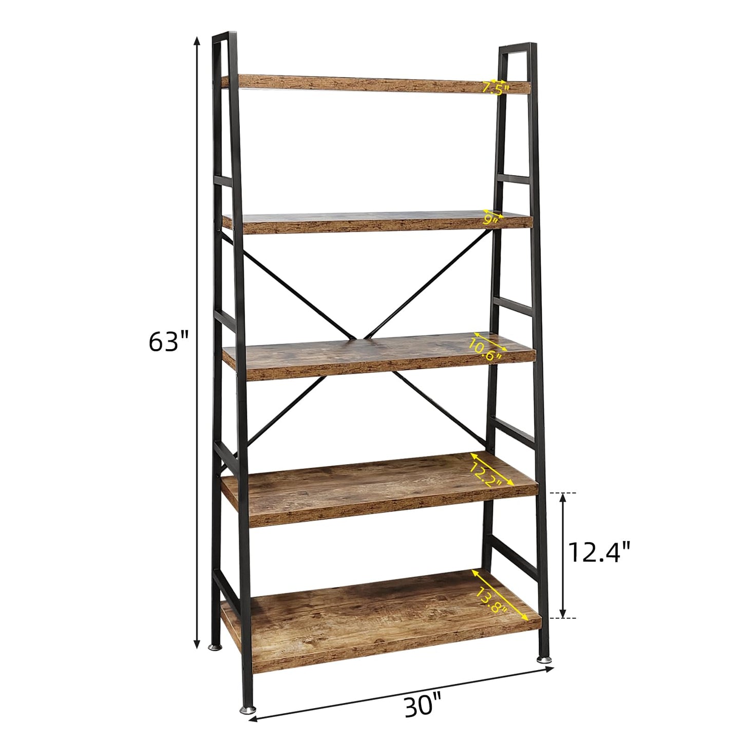TooCust 5 Tier Ladder Bookshelf, Heavy Duty Rustic Brown Wood and Metal Bookcase with 1.2" Thick Shelves, 63" H x 30" W x 14" D, Industrial Open Storage Shelving for Living Room, Bedroom, Kitchen