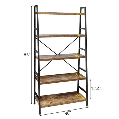 TooCust 5 Tier Ladder Bookshelf, Heavy Duty Rustic Brown Wood and Metal Bookcase with 1.2" Thick Shelves, 63" H x 30" W x 14" D, Industrial Open Storage Shelving for Living Room, Bedroom, Kitchen