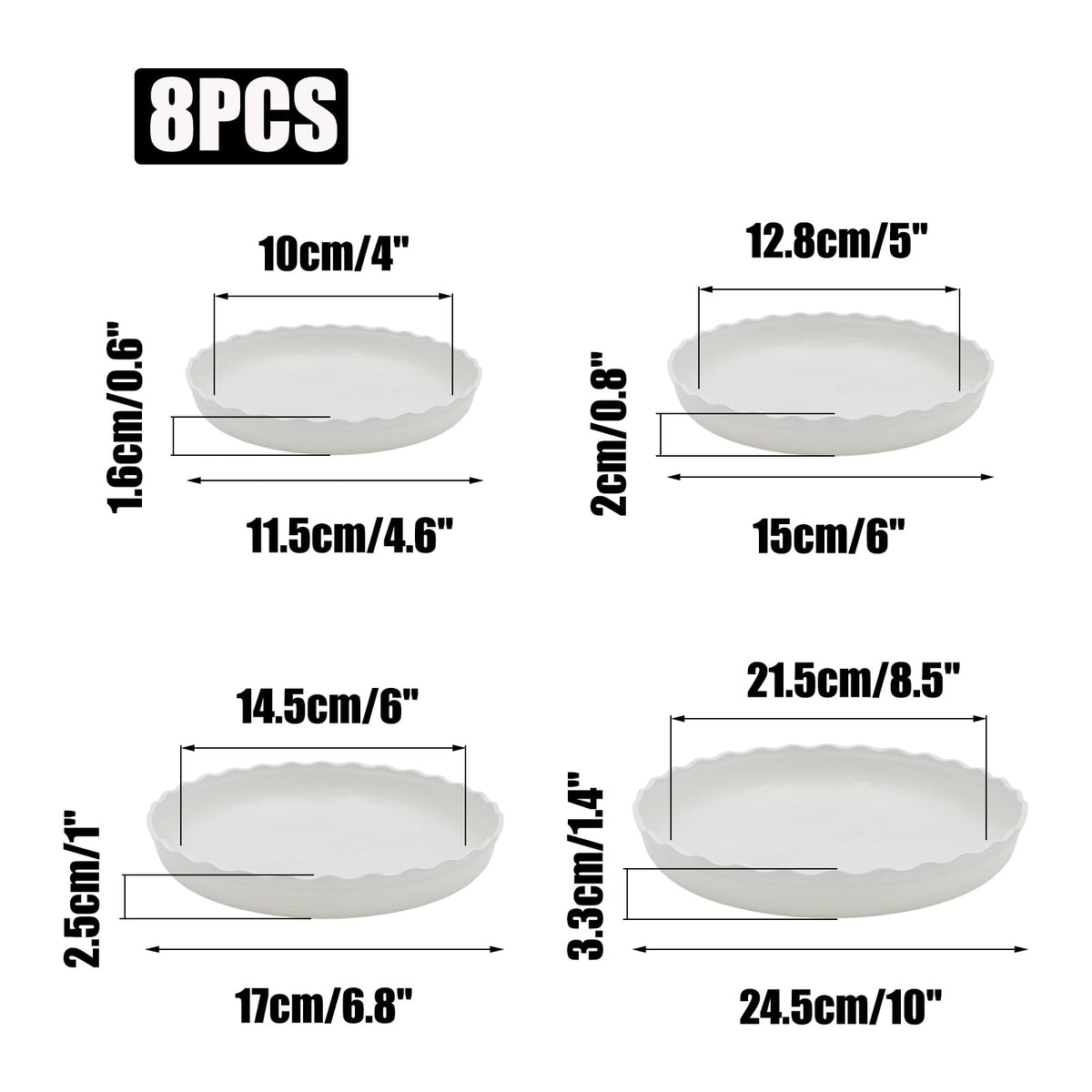 JAKOUE 4 Size Wave Shaped Round Plant Saucer,6 Pack Pant Pot Trays, Plant Saucers for Indoors and Outdoors, Seed Starting Tray, Growing Trays,White（4",5",6",8"）