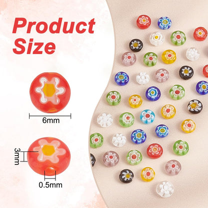 PH PandaHall 325Pcs/5 Strands Millefiori Lampwork Glass Beads 6mm Flat Round Flower Glass Beads Handmade Flower Millefiori Lampwork Bead Loose Spacer Bead for Jewelry Making DIY Crafts