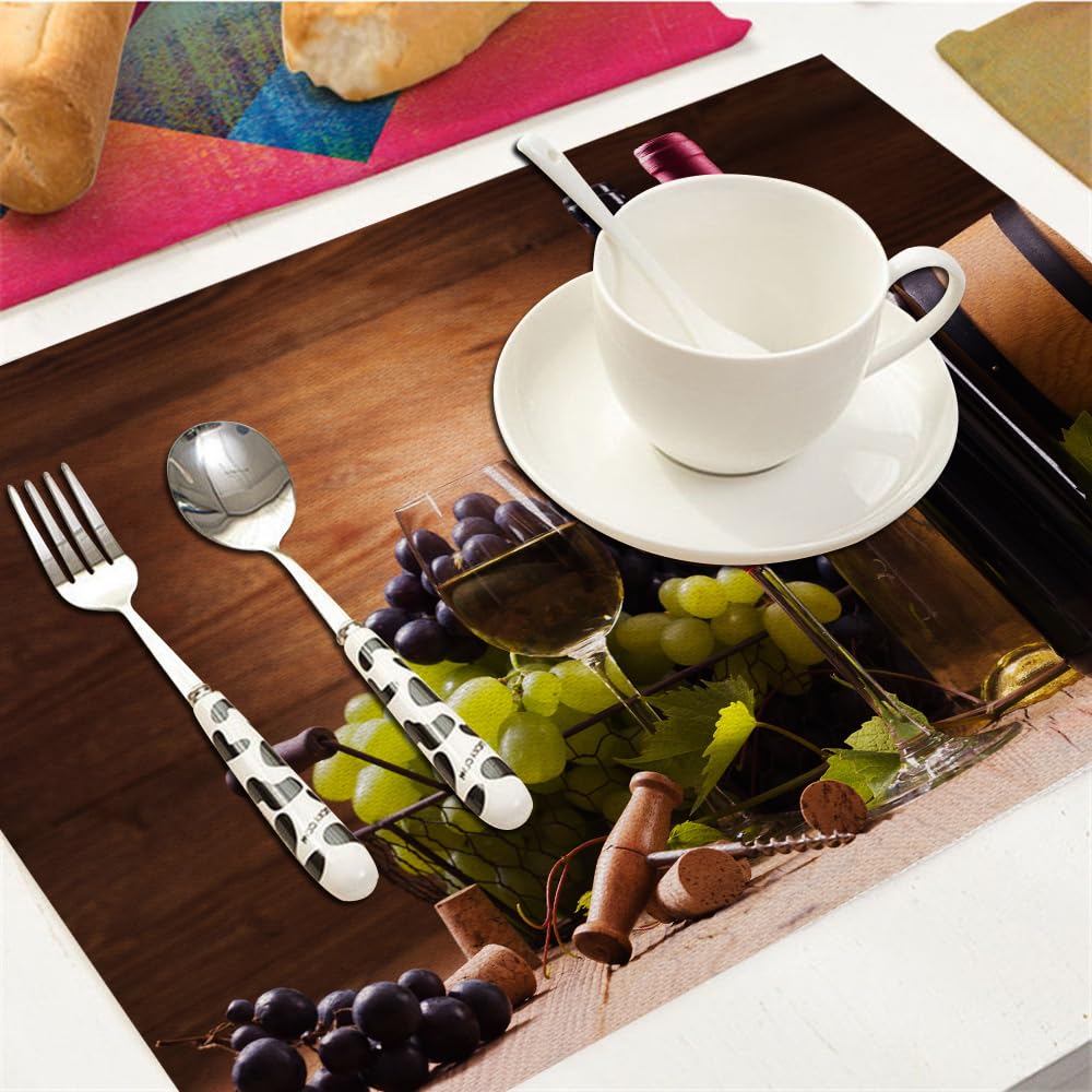 Y YIHANGBEST Red Wine Glasses Cloth Placemats Linen Dinner Mats Served with Grapes on Wooden Wipeable Set of 4 Placemats Table Pads Indoor Table Protectors Non Slip,12 * 18 Inch