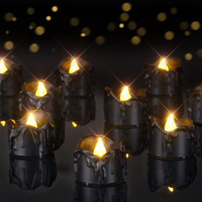 Homemory 24-Pack Halloween Black Dripping Flameless Tea Lights, Battery Operated Flickering LED Candles, Safe for Pumpkins, Party & Holiday Decor, 1.58" D x 1.2" H, Warm White Glow