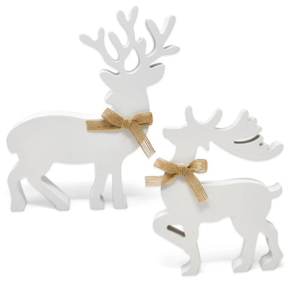 Gift Boutique - Set of 2 Wooden Christmas Reindeer Table Decorations Centerpiece Holiday Rustic White Wood Reindeers Figurine Tiered Tray Tabletop Sign Decor for Office, Room, Home Xmas Party Supplies