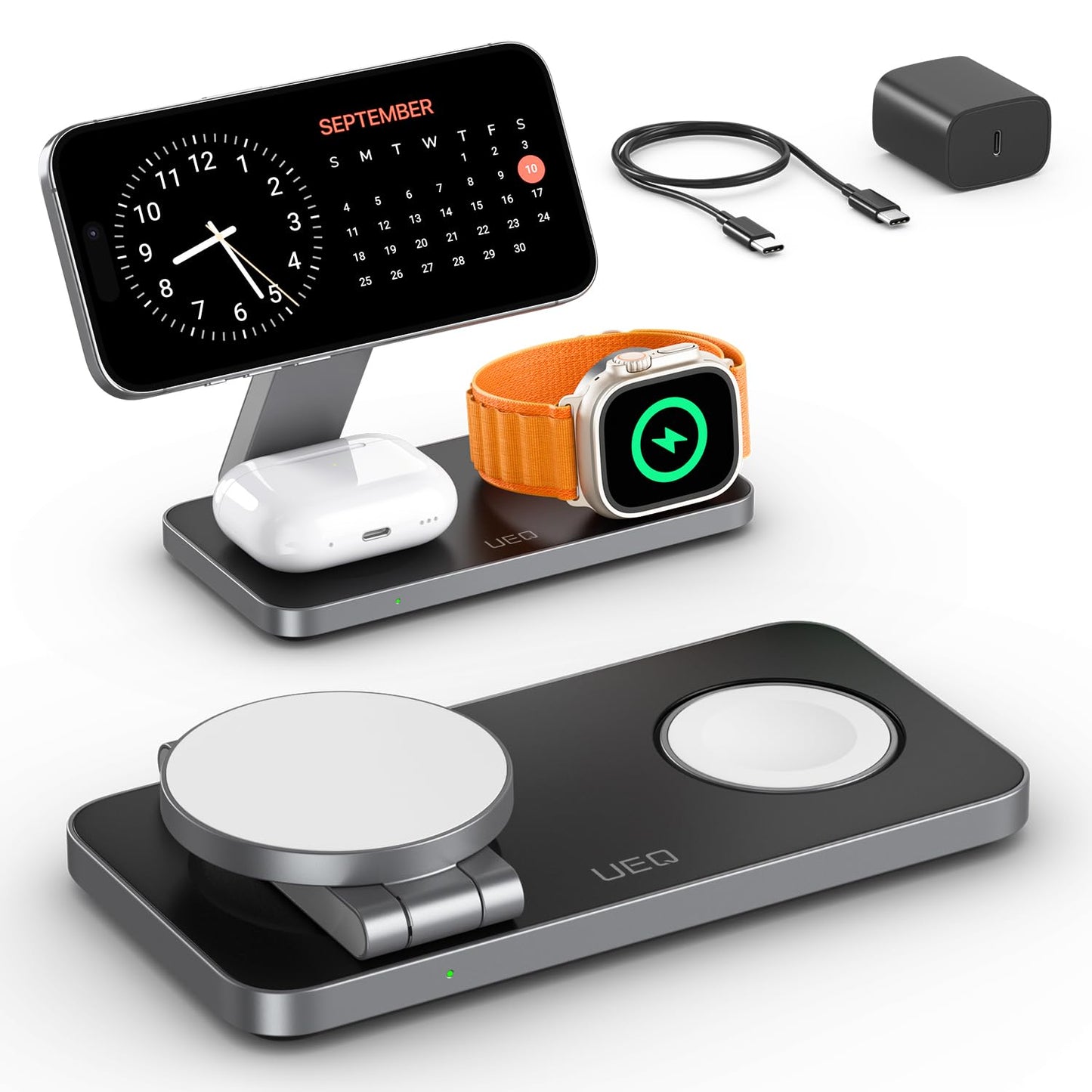 UEQ Foldable 3 in 1 Wireless Charging Station for Apple Compatible with Magsafe Charger Stand,Magnetic Wireless Charger Station for iPhone 17 Air16 15 14 13 12 Series,Airpods Pro,Apple Watch(Black)