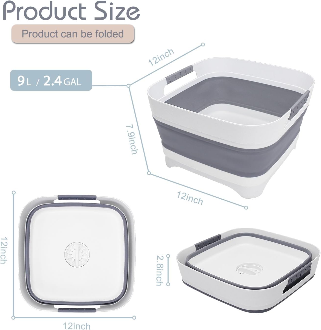 Collapsible Wash Basin with Drain Plug - Space-Saving Multiuse Tub for Washing Dishes, Vegetables - Versatile Soaking Basin for Baby Bottles, Pump Parts - Outdoor Camping Sink for RVs