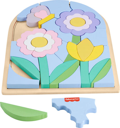 Fisher-Price Wood Preschool Toy Flower Puzzle Blocks, 38-Piece Wooden Stacking Set for Developmental Play Kids Ages 3+ Years