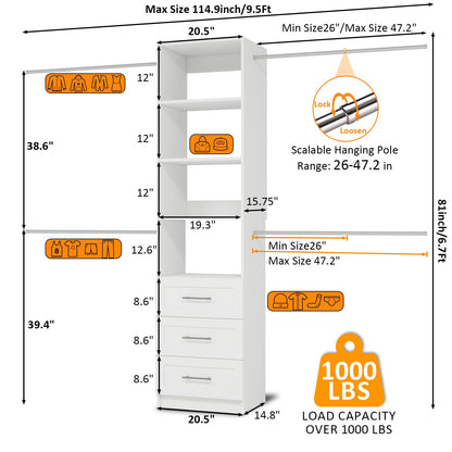 Closet System, 5FT-8FT Closet Organizer System with 3 Wooden Drawers, 99" Walk In Closet Organizer and Storage with 4 Expandable Hanging Rods, Wall Mount, White